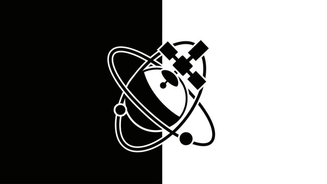 Atomic symbol and satellite icon on a split black and white background