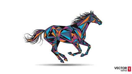 Colorful polygonal horse in motion with flowing mane and tail, isolated © gudangPIXEL