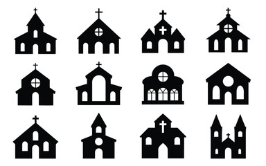 Fototapeta premium Collection of black silhouette icons featuring various church buildings and religious architecture with crosses