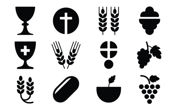 Collection of twelve minimalist black silhouette icons representing religious and spiritual elements including chalices crosses wheat stalks grapes and communion wafers set
