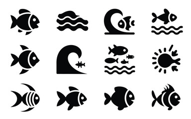 Fototapeta premium Collection of black silhouette icons featuring fish waves and marine symbols on white background for design use