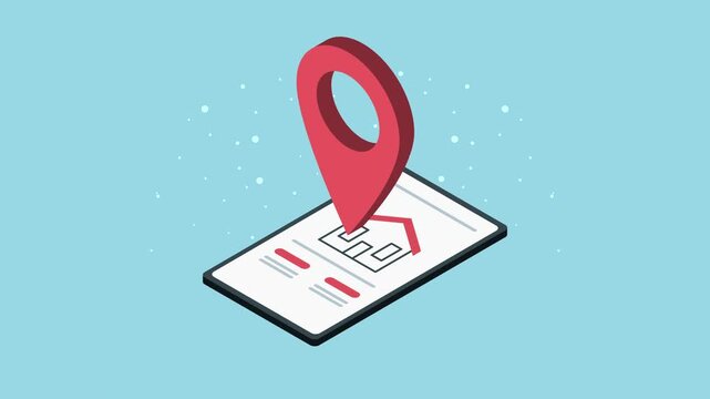 Isometric real estate application animation featuring house location pin on smartphone screen over blue background.