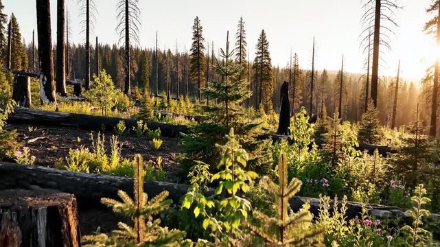 Sunlit forest regeneration with young saplings and charred stumps, ferns unfurling under warm golden sunrise light, quiet resilient atmosphere as new growth reclaims burned soil, distant scorched