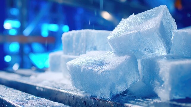 Ice Cubes on a Metal Surface with Blue Lighting and Water Droplets, Perfect for Beverage and Cooling Concepts in Food Photography