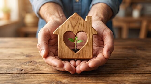 Embracing Home and Heart: A pair of hands tenderly cradles a wooden house, with a heart-shaped cutout, symbolizing warmth, security, and a burgeoning sense of love. 