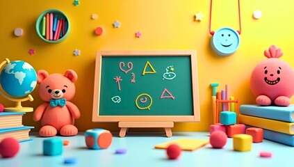 Fototapeta premium Playful Classroom Poster Illustration Featuring Green Chalkboard Colorful Drawings Teddy Bear Globe Toys Decorations Educational Space