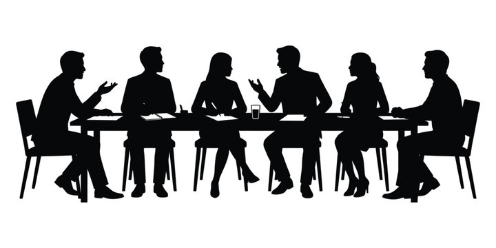 Vector illustration of business people and a family couple sitting at a restaurant cafe table for a meeting with coffee and a computer
