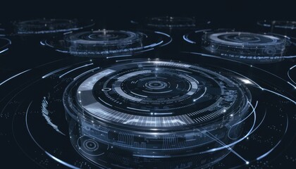 Fototapeta premium Futuristic blue circular holographic interfaces with concentric rings and lines on dark background