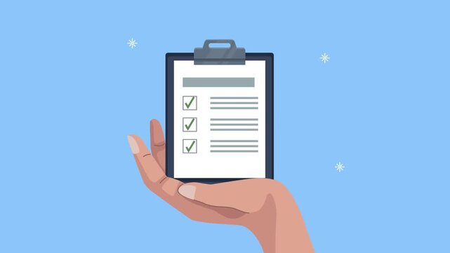 Flat design animation of hand holding clipboard with check marks for completion and task management.