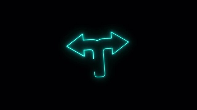 Neon Split Direction Arrow Icon Animation Loop, Multi Way Navigation Symbol on Transparent Background