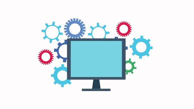 A motion graphic of a desktop computer with a blue screen and gears rotating around it, depicting concepts of technology, settings, and digital processes.