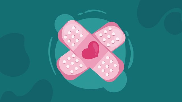 Pair of pink heart shaped adhesive bandages forming an X on a vibrant teal background, a symbol of care and healing in motion.
