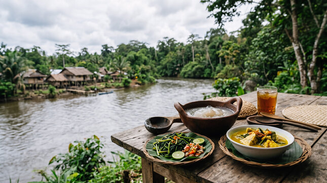 Authentic Papeda meal in tropical Papua setting for tourism campaigns, cultural storytelling, culinary editorials, and heritage travel promotions.