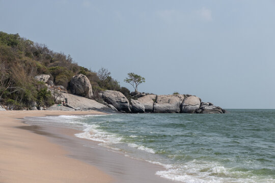View of the beach and rock mountain view of Hua Hin, Thailand.