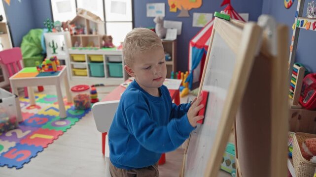 Boy erases whiteboard with hand and eraser in a colorful playroom building near toy tent, storage bins, small table and foam playmat; concentration learning play.