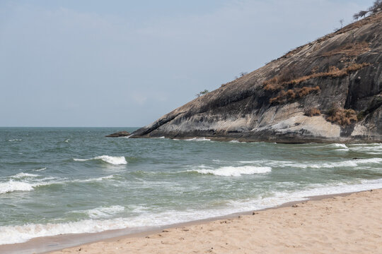 View of the beach and rock mountain view of Hua Hin, Thailand.