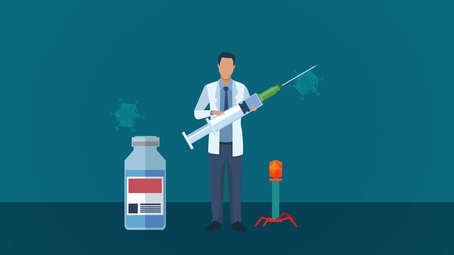 Medical professional animation holding syringe with vaccine vial and virus cells for immunization concept.