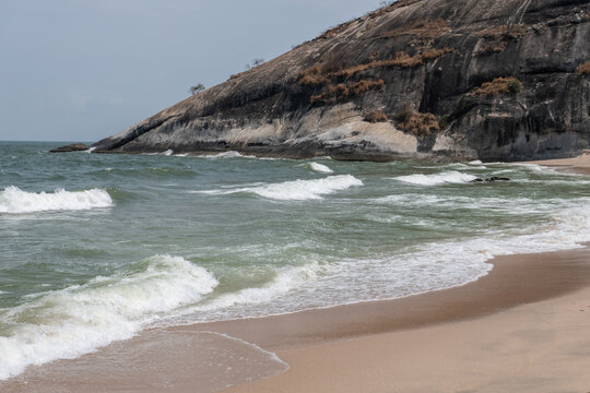View of the beach and rock mountain view of Hua Hin, Thailand.