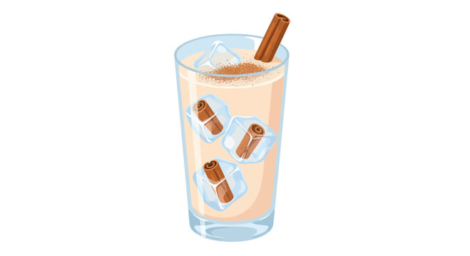 Creamy Horchata Drink with Cinnamon Sticks and Ice Cubes in Tall Glass