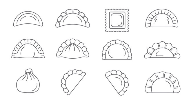 Dumpling Variety Line Art Icons: Asian Cuisine, International Food and Recipes