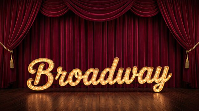 Theatrical Spectacle: A dazzling marquee sign illuminates the word Broadway against a backdrop of rich red velvet curtains, evoking the magic and grandeur of live performance.