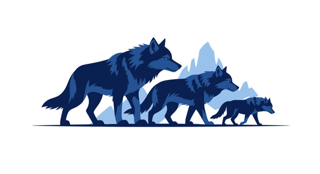 Wolf Pack Silhouette Walking In Snowy Mountains