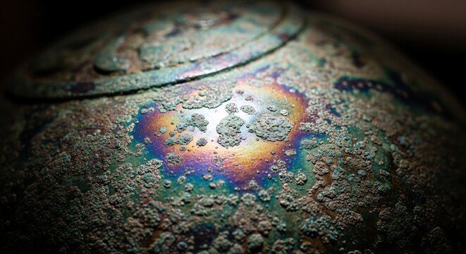 Close-up of a textured surface with an iridescent oil slick pattern.