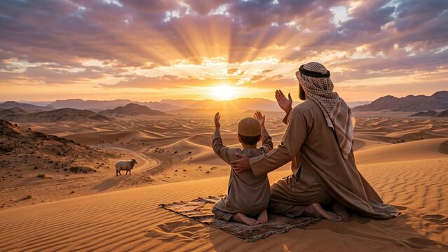 Father and son praying in the desert at sunset, symbolizing the faith of Ibrahim and Ismail