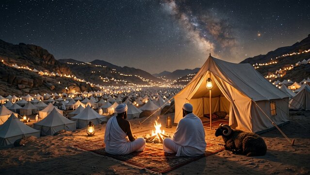 Muslim pilgrims in ihram camping with a bonfire under the Milky Way near Mina