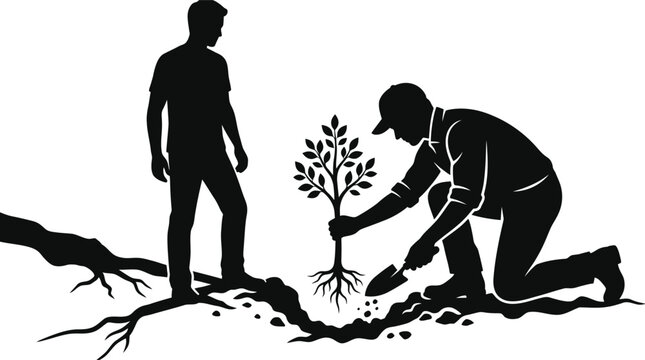 silhouette of two men planting a tree with roots