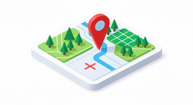 Isometric map with navigation pin and greenery