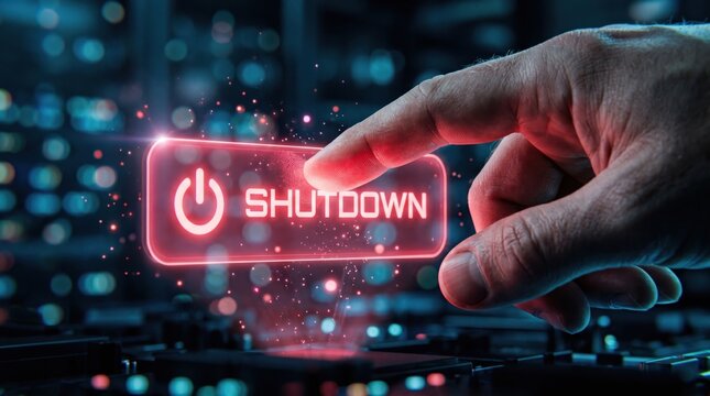 Shutdown Concept: A hand poised to shut down a glowing interface, signaling the end of an era or system.