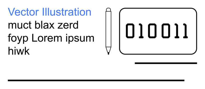 Data science, technology concepts, digital communication, coding, programming, graphic design. Binary digits on a screen with a pen and placeholder text. Data science and technology concepts