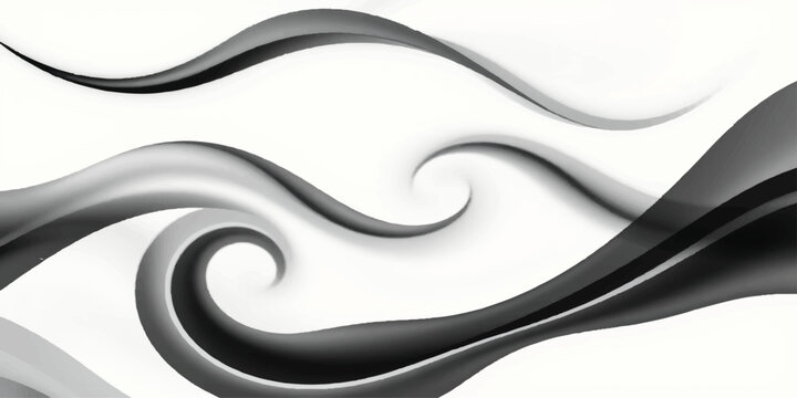 An abstract black and white background featuring a vector swirl design with spiral wave shapes and a light smoke pattern reminiscent of a coiled snake or reptile