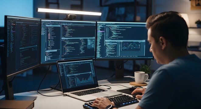 Professional Developer Coding on Multiple Monitors Setup