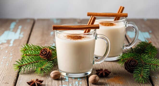 Creamy traditional coquito drinks served in glass mugs, topped with cinnamon sticks and spice, set on a rustic wooden table with festive pine, wood, brown, wintertime