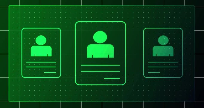Human identification card illustration animated against dotted grid rectangle 4K. ID card digital analyze scanning concept verification. Digital identity card hologram with circuit frame in backdrop.
