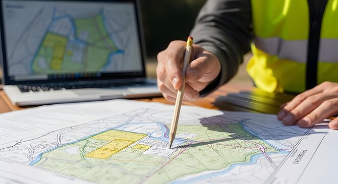 Professional reviewing construction blueprint with yellow pencil