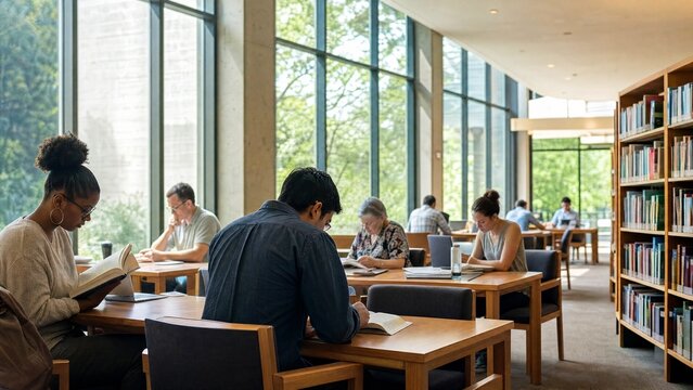 Students study in a modern library with large windows letting in natural light during the day