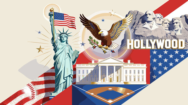 A vibrant collage of American symbols including the Statue of Liberty, the White House, Mount Rushmore, and a baseball field, celebrating national pride and iconic landmarks.