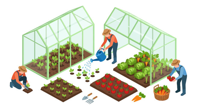 Organic Gardeners Tending Vegetable Patch Inside Greenhouses, Isometric View