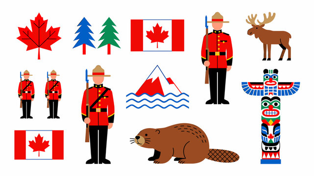 A vibrant collection of Canadian symbols including maple leaves, Mounties, flags, a beaver, a moose, totem poles, and evergreen trees, representing Canadian culture and nature.