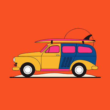 Vibrant illustration of a surf wagon with a surfboard on top against an orange background