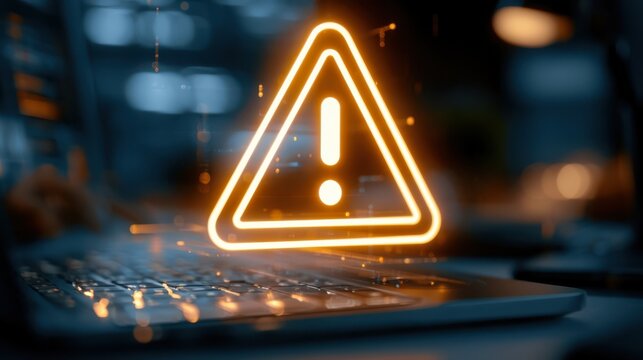 A glowing orange warning triangle with an exclamation mark floats above a laptop keyboard, symbolizing a cybersecurity alert or system error in a tech environment.