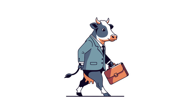 Cartoon cow wearing business suit and tie, walking to office with briefcase, modern corporate humor concept with anthropomorphic character design