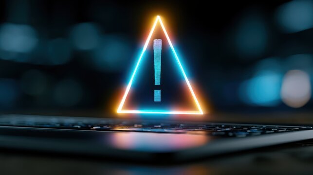 A glowing neon triangular warning sign with an exclamation mark hovers above a dark, blurred background, symbolizing alert or caution in a digital environment.