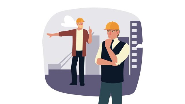 Animation of construction engineers working at building site with industrial background and city skyline.