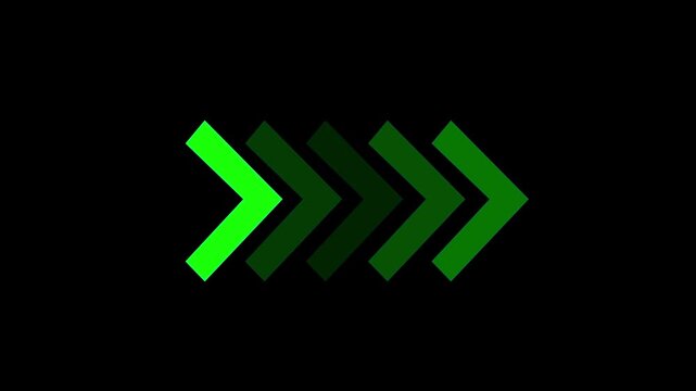 Animated green arrow loading progress bar loop on black background, for digital interface, indicator animation