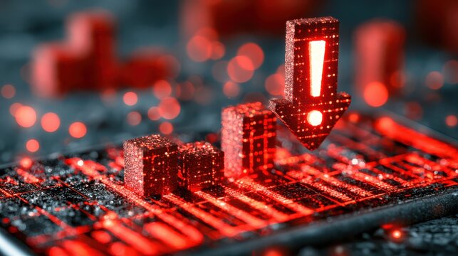 A glowing red downward arrow above a grid with bar charts, symbolizing data decline or financial loss in a high-tech, digital environment.