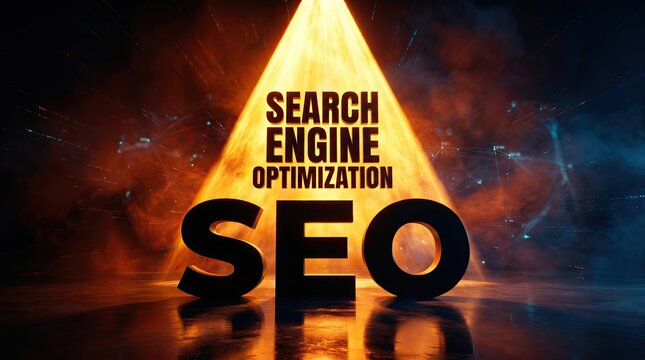 SEO Spotlight: Bold letters spell out SEO beneath the words SEARCH ENGINE OPTIMIZATION, illuminated by a dramatic beam of light, symbolizing digital marketing success.
